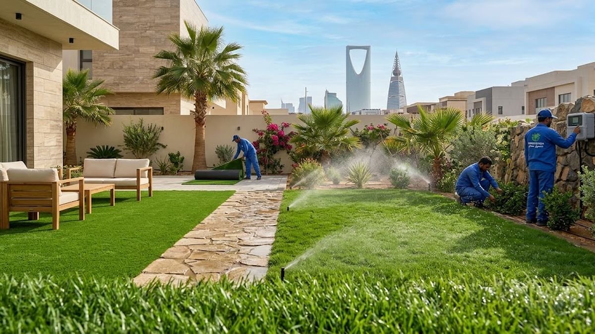 فريق المصمم الذكي أثناء تركيب العشب وشبكة الري في حديقة فيلا بالرياض